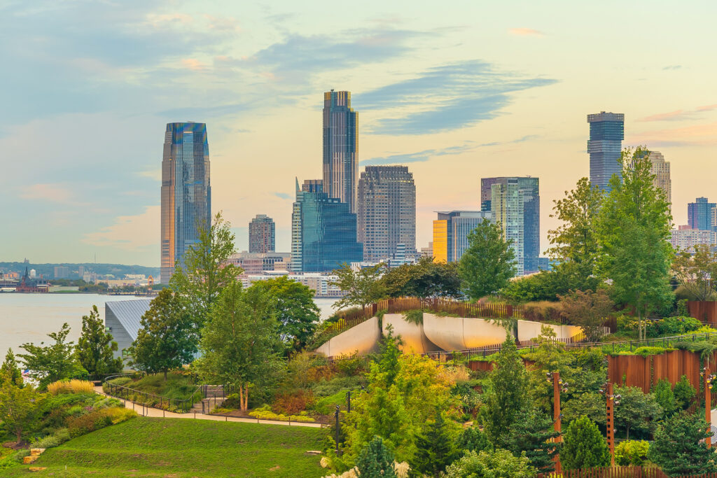 Cityscape of Jersey City skyline from Manhattan NYC